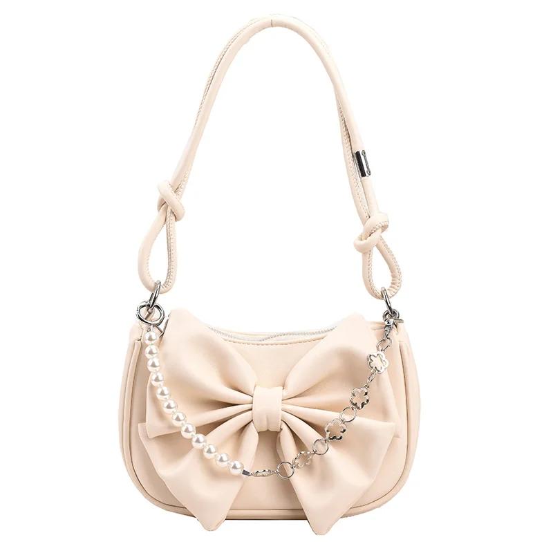 Pearl Chain Shoulder Bag with Bowknot for Women  Small Axillary Bag  Versatile  Luxurious Texture  Sweet  Summer Fashion