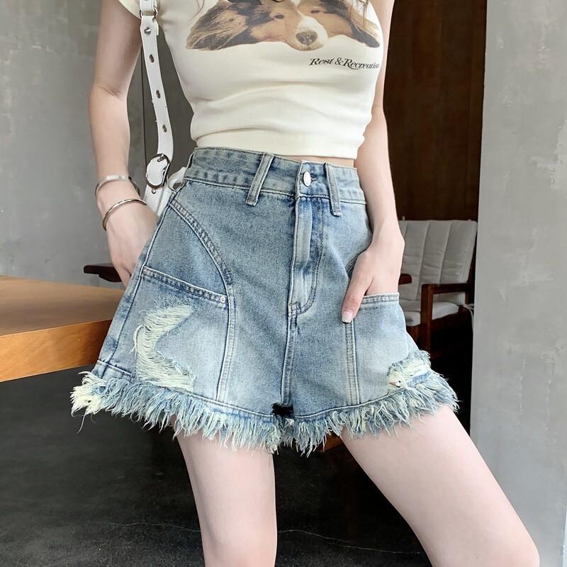 High Waist Distressed Denim Shorts Women Slim Fit Cropped Jean Casual Streetwear XS