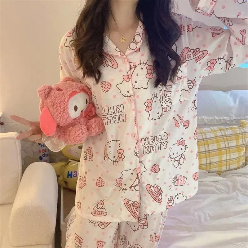 Cute cartoon Hello Kitty pajamas women's spring and autumn long-sleeved suit sweet age-reducing women's loungewear