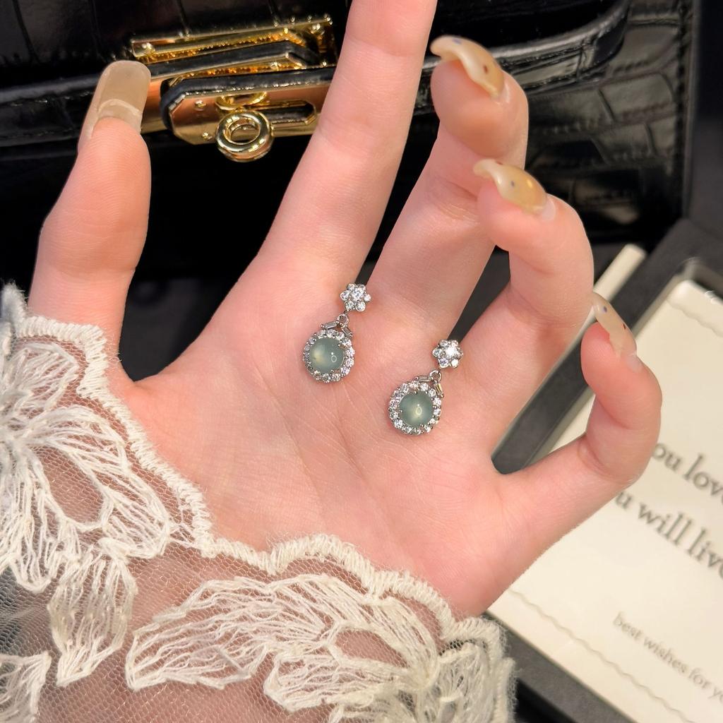 Natural jadeite blue water s925 sterling silver stud earrings new Chinese simple egg surface super flash high design sense daily jewelry gift