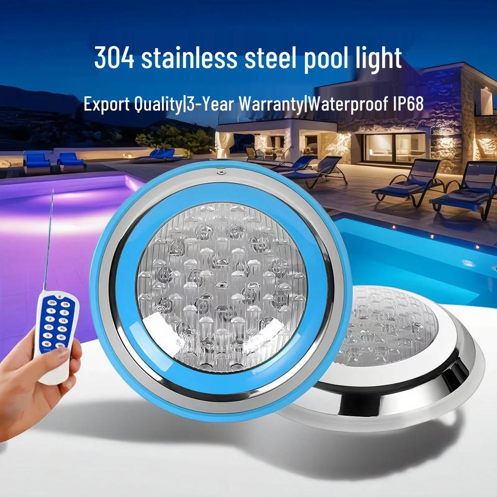 Wall-Mounted RGB LED Pool Light with Wireless Remote Control - Surface-Mounted, Stainless Steel, Round Design