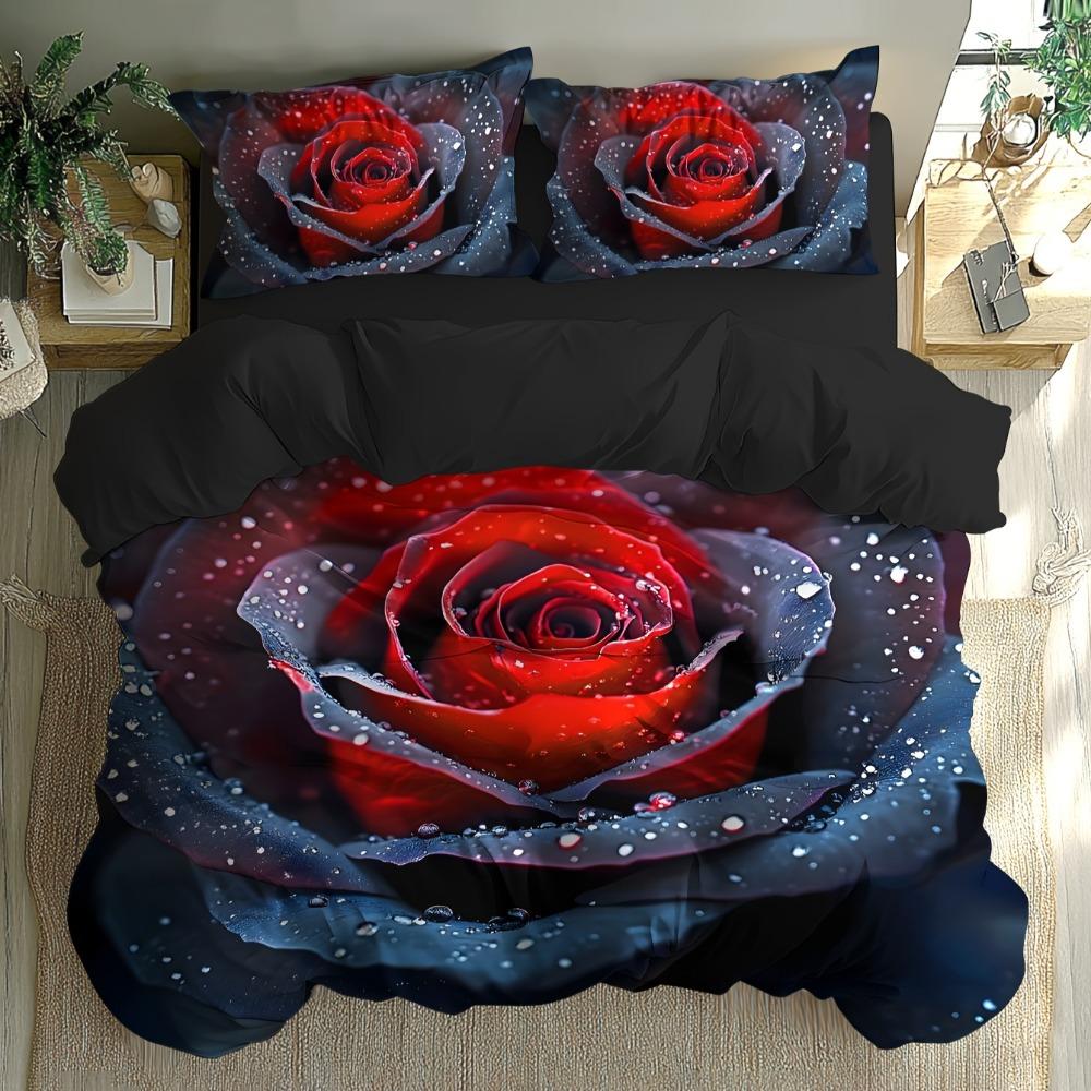 3pcs Bedding Set Black Red Romantic Rose 3D Printed Cozy Duvet Cover Set King Queen Twin Single Size Birthday Gift Bedroom Decor