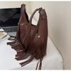 Retro Frosted Suede Tassel One Shoulder Bag Women Autumn Winter Vintage Rivet Zipper Large Capacity All-Match Crossbody Bags
