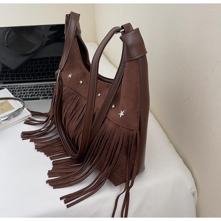 Retro Frosted Suede Tassel One Shoulder Bag Women Autumn Winter Vintage Rivet Zipper Large Capacity All-Match Crossbody Bags