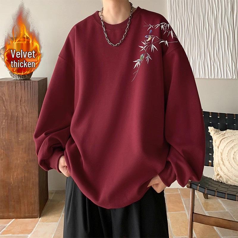 Men’s Trendy Red Hoodie, Chinese Style, Spring-Autumn 2025, Heavyweight with Plus Velvet 4XL