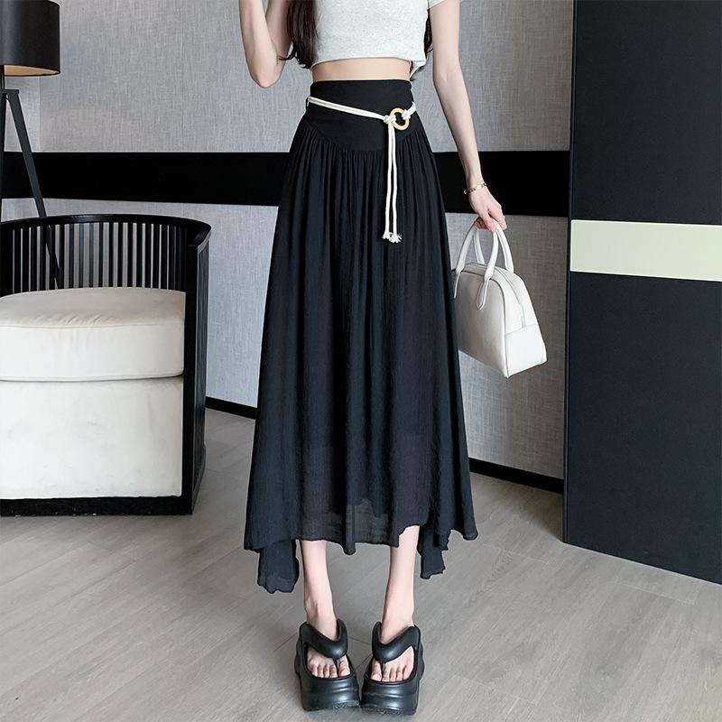 

Женская летняя миди-юбка с завязкой на талии - Ледяной шелк, хлопок, лен, с высокой талией, А-силуэт в стиле дзен M чёрный