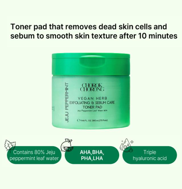 Chorok Chorong Vegan Herb Exfoliating & Sebum Care Jeju Peppermint Toner Pad (280ml+70Pads) (3 Options)