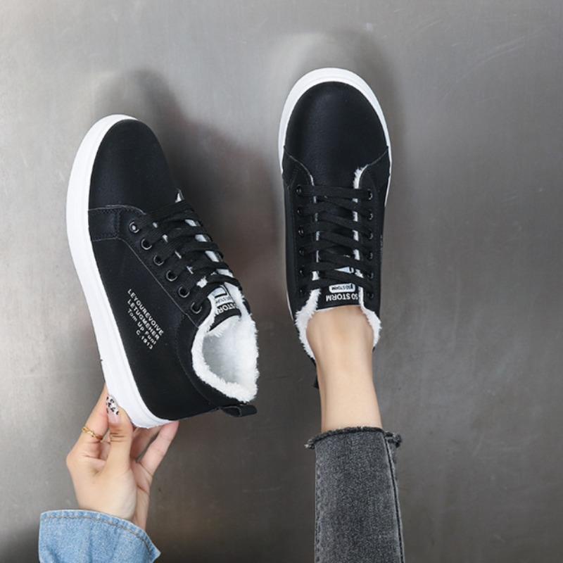 Cotton Shoes Women's 2025 Winter Plush Warm Snow Boots Black Pu Leather Ankle Boots Flat bottom Lace Up Sneakers Fur Short Boots