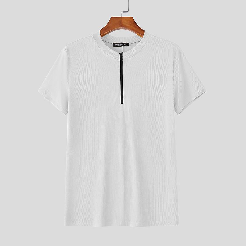 INCERUN Men Round Neck Short Sleeve Rib Fitted Casual T-shirts Tops Undershirts