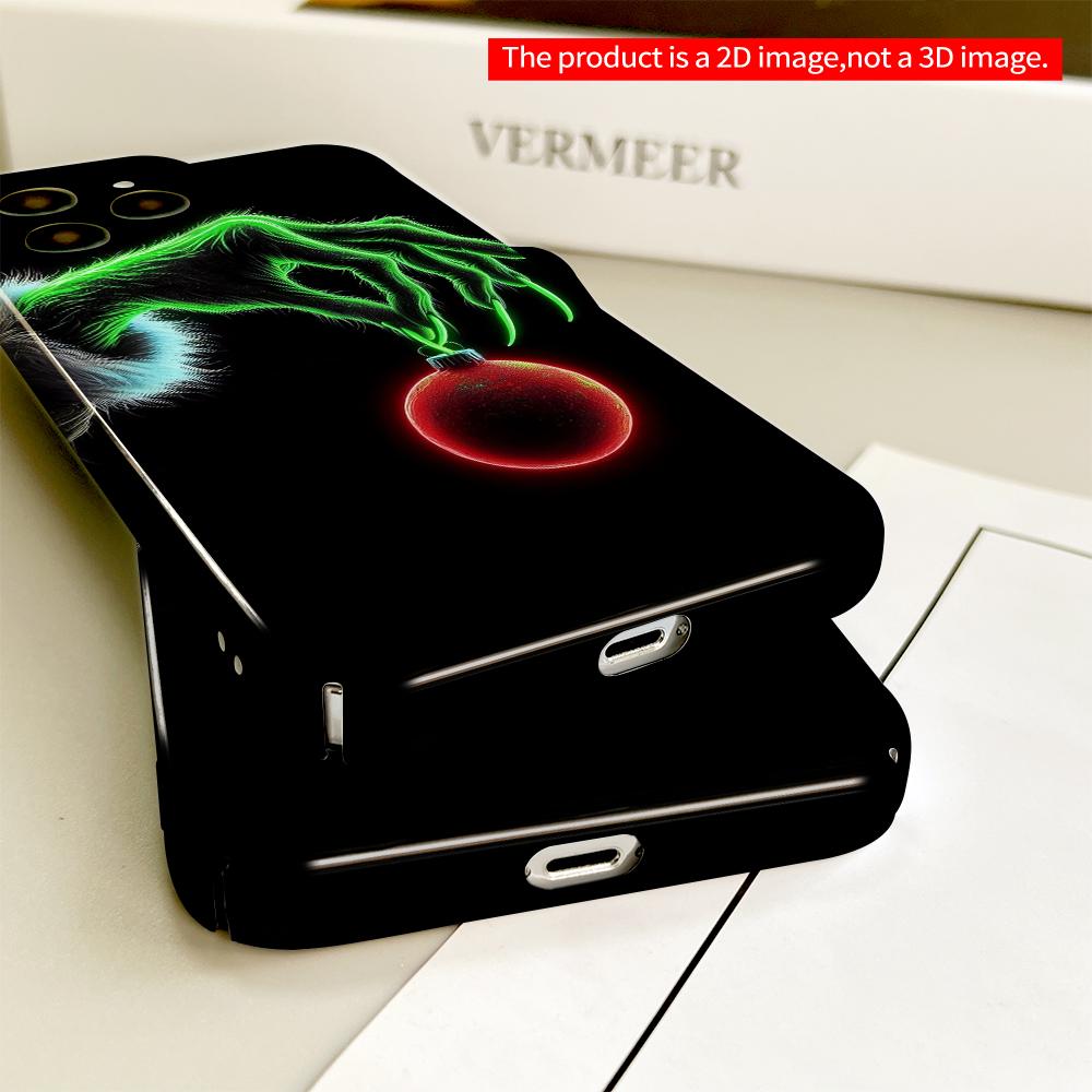 2DFlat Green Grinch Hand Holding Red Ornament All inclusive film hard phone case, compatible with iPhone 18 Pro Max 17 16 15 14 13 12 11