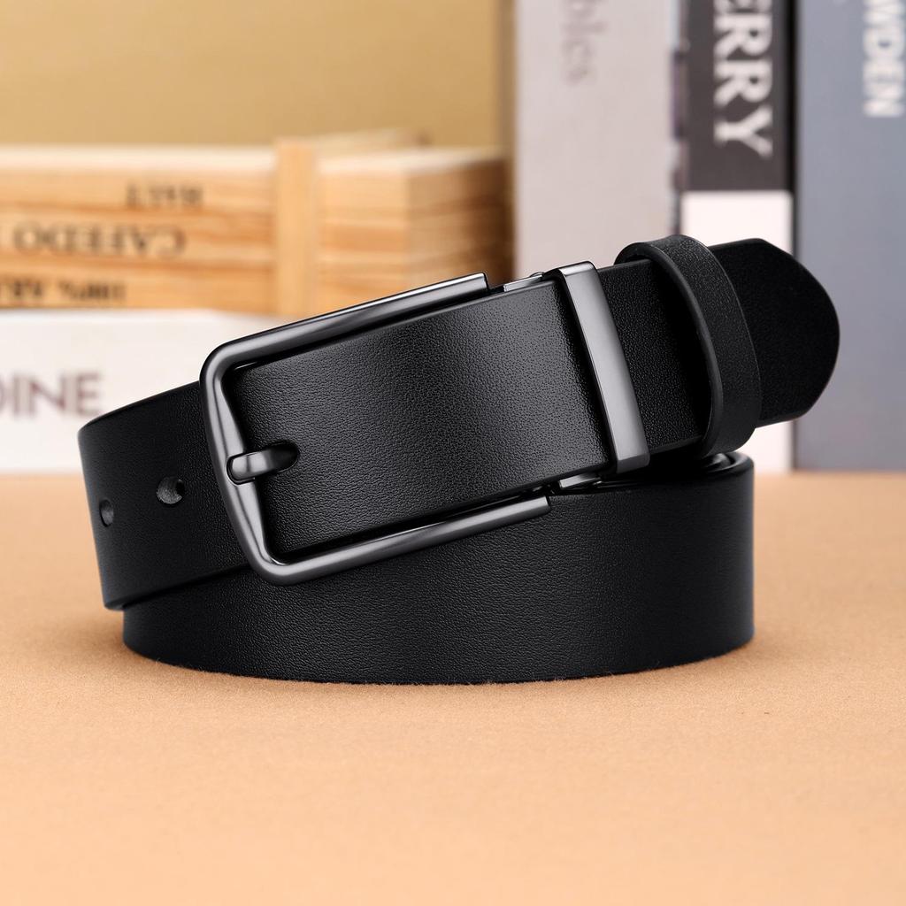 Men's Genuine Leather Minimalist Black Belt with Pin Buckle - Adjustable Fashion Trend