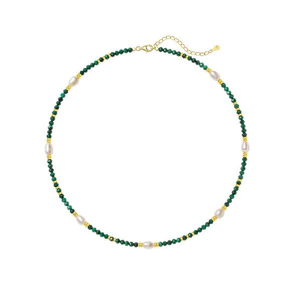 Natural Malachite And Freshwater Pearl Beaded Necklace Women Gold Plated Copper Choker Jewelry