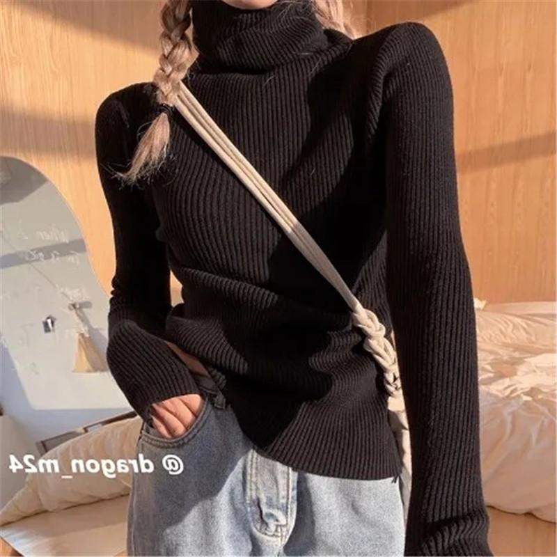 Strikket Genser Dame Koreansk Versjon Rullekrave Casual Genser Vinter Ensfarget Pullover Slim Innvendig Fôring Varm Basic Topper