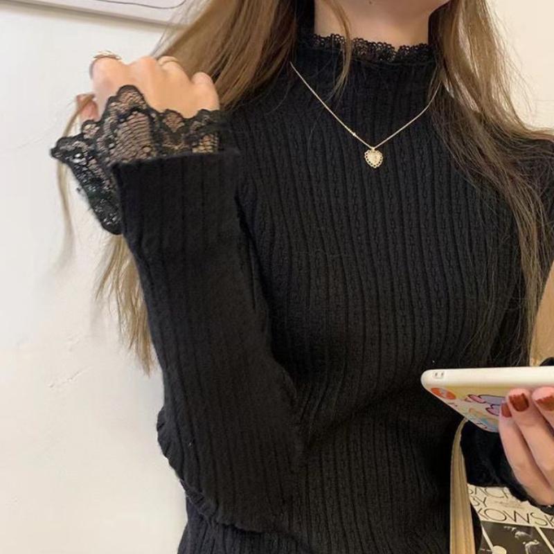 Women's Lace Trim Base Layer Autumn Spring Turtleneck Slim Fit Elegant Sweater Apricot Long Sleeve Knitted Top