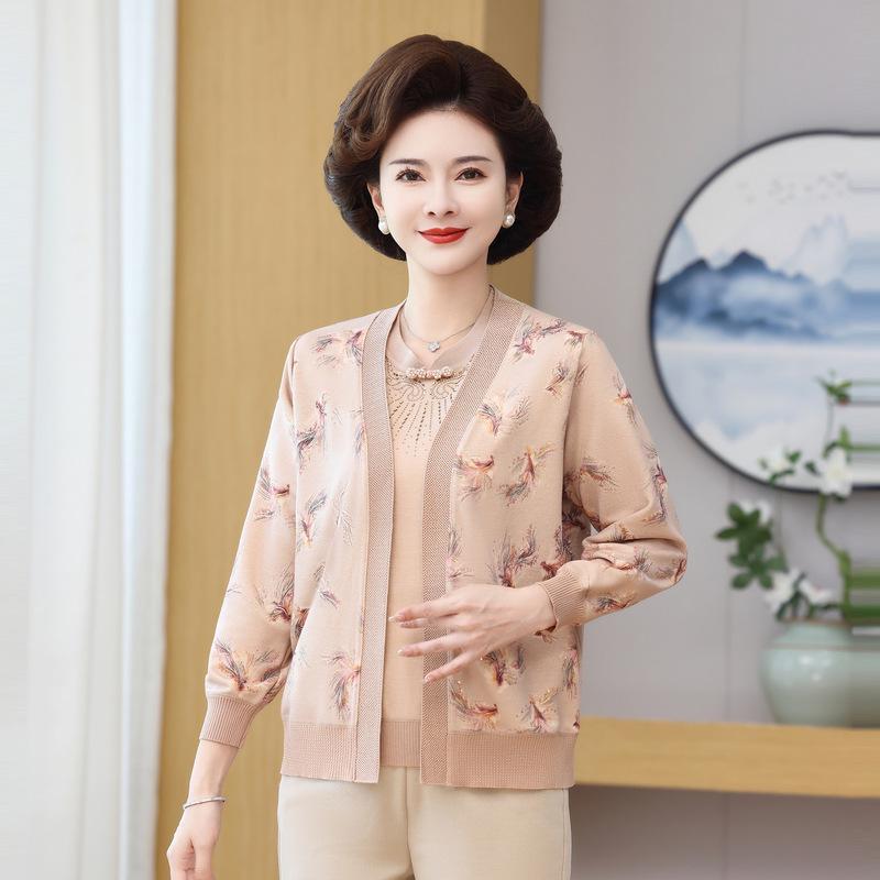 

Mom s Elegant Spring/Autumn Knit Two-Piece Set - Cardigan & Wide-Leg Pants for Middle-Aged Women 2XL (110-120 lbs)