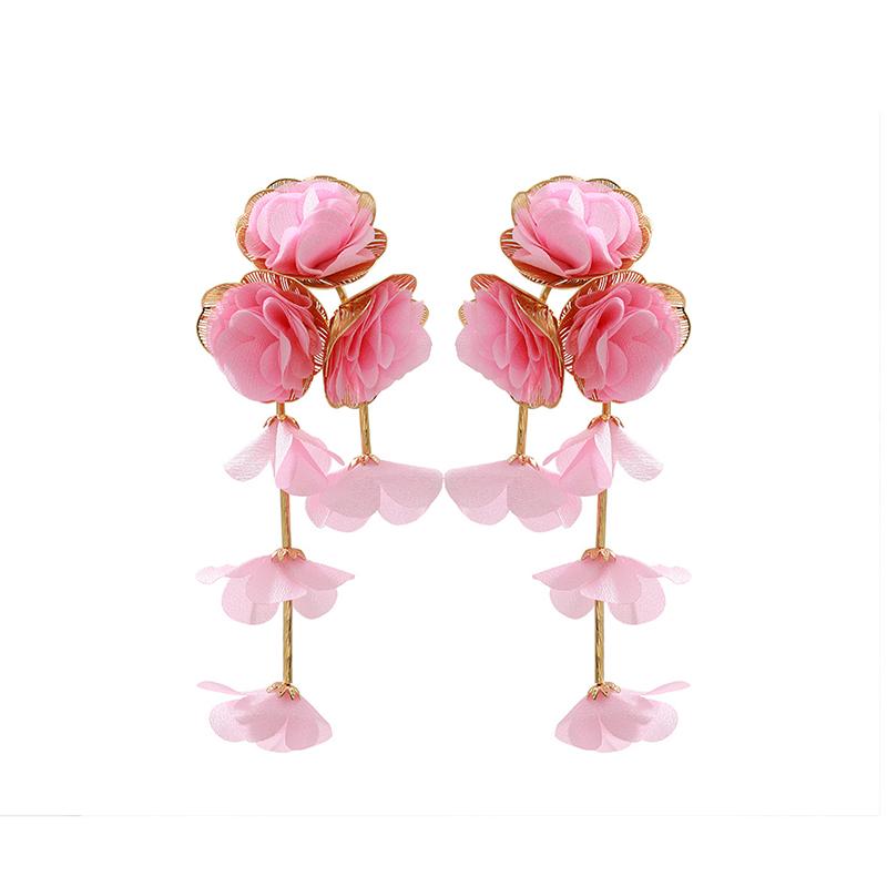 Summer Chiffon Flowers Tassel Earrings For Women Vacation Style  Exaggerated Sweet Drop Earring Jewelry Accessories Gifts