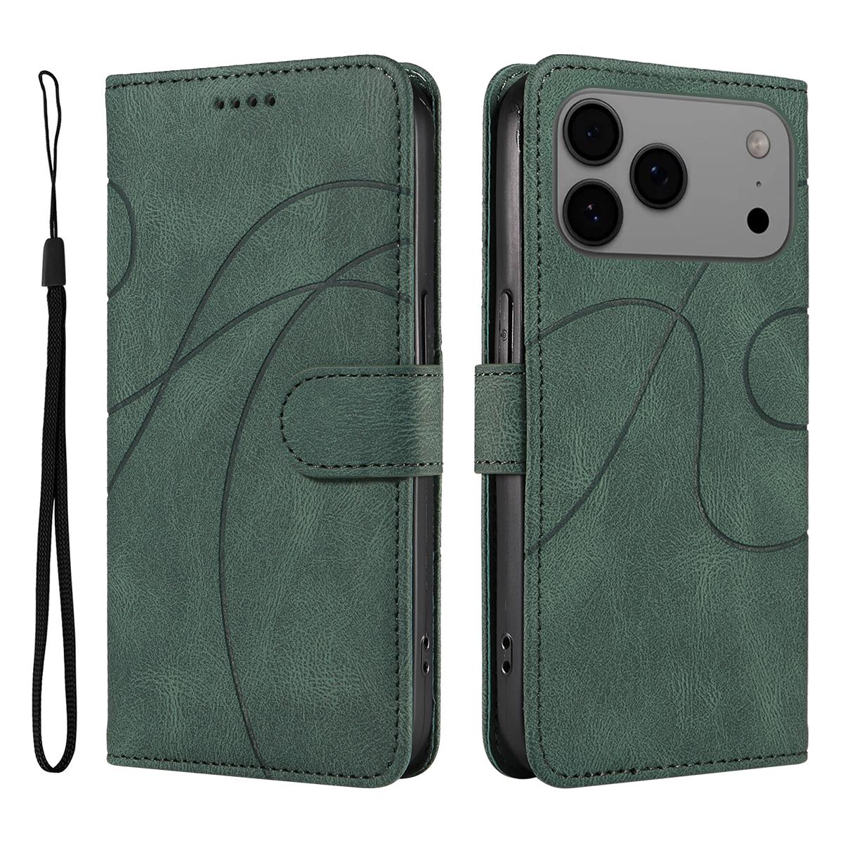 

For iPhone 17 Pro Max Wallet Case Leather Phone Cover Stand with Curved Line Design Green