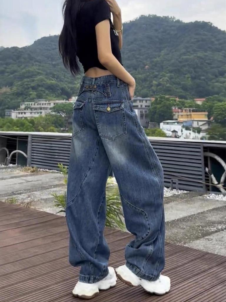 2025 Plus Size American Style Wide-Leg Jeans for Women - Slimming Straight Cut Long Pants, Autumn/Winter Collection.