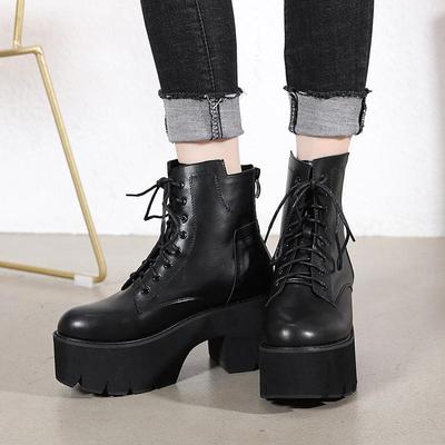 Damen Stiefeletten mit hohem Absatz, weiches Ledermaterial, Schnürung, weibliche Demonia-Stiefel, dicker Plateau-Absatz, Street-Style