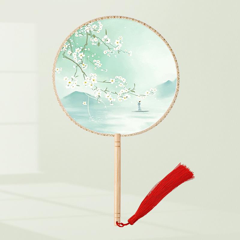 Girls' Summer Hanfu Dance Fan: Long Handle, Double-Sided Embroidered Round Fan for Traditional Costume