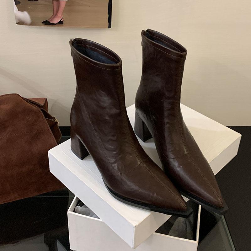 Fashion Fashion Pointed Toe Modern Ladies Short Boots Shoes Female Square Heels Women Ankle Stretch Boots Zippers Shoes Pumps lady