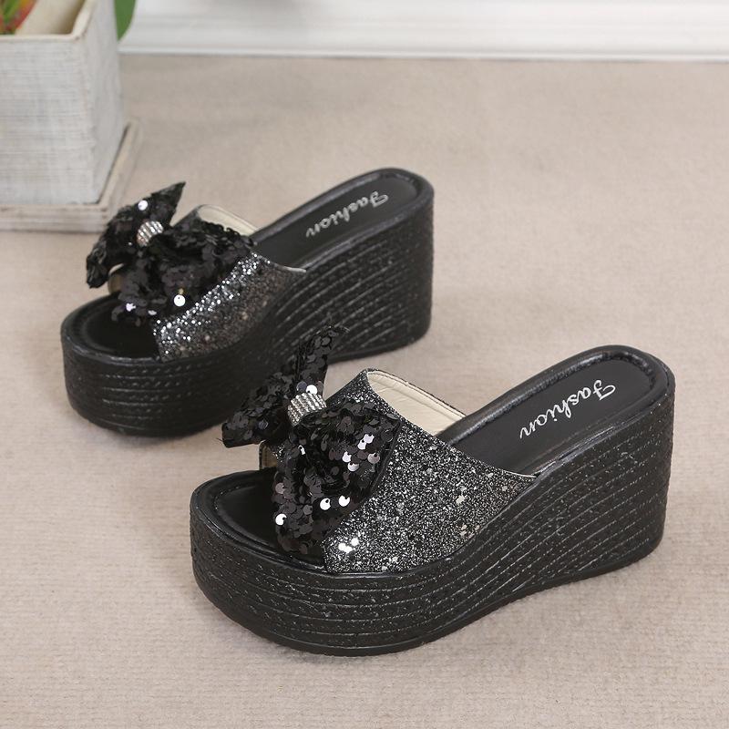 Summer new inner height increase sequin bow thick bottom wedge heel one-character slippers tide
