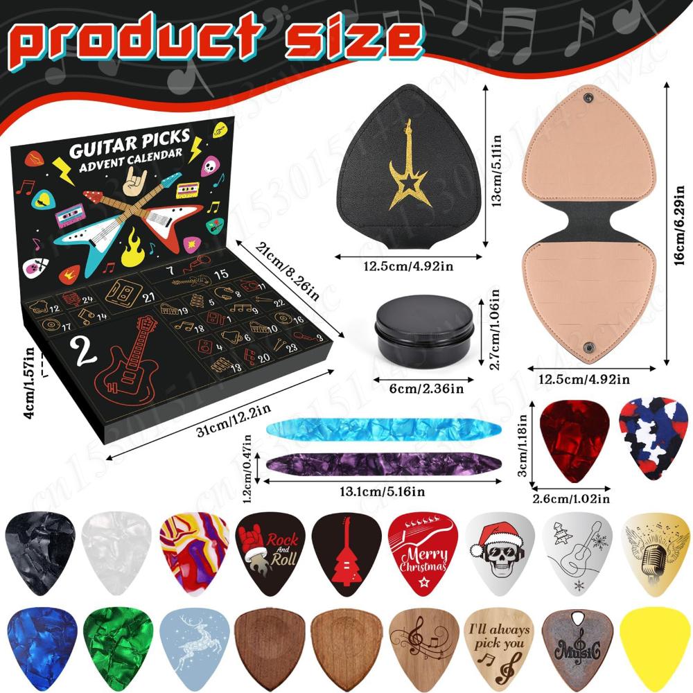 Guitar Picks Countdown Calendar with 20 Guitar Picks & 2 Oud Picks Holder Xmas Advent Calendars for Guitar Bass Ukulele Players