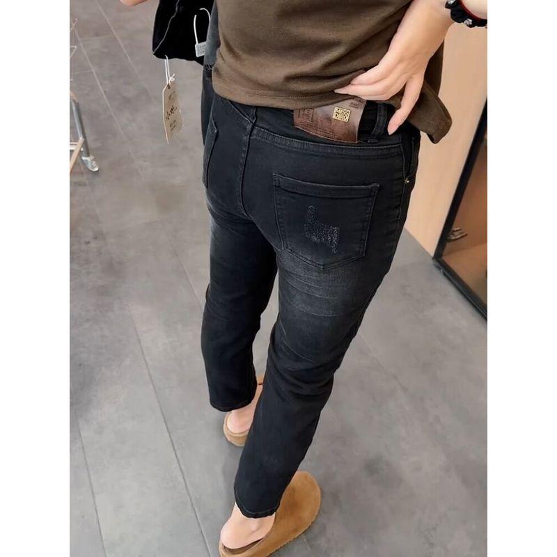 and Gray Faux Ripped Straight-Leg Jeans for Women, New Spring and Autumn Style, Plus-Size, Slim-Fit, Stretchy, Flattering, Cropped Cigarette Pants
