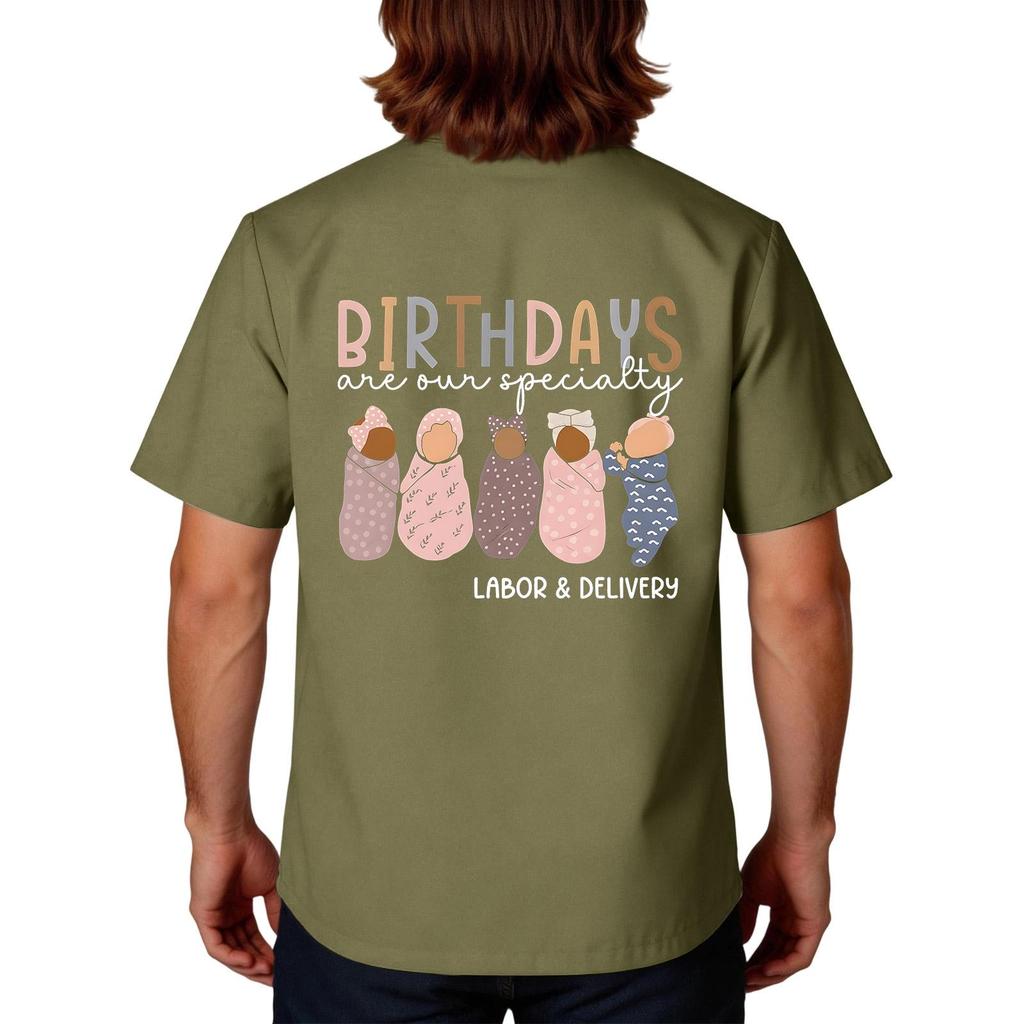 Men's Short Sleeve V-Neck Scrub Top with Pocket - Labor Day Fun Print - Uniform Tunic