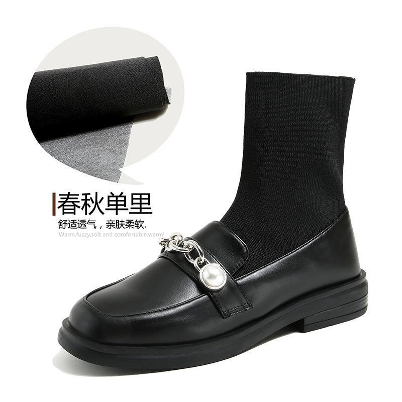Metal Chains Leather Boots With Stretch Knitting Sock Botas Mujer 41-43Big Size Pearl Beading Chelsea Bottines Short Women Boots