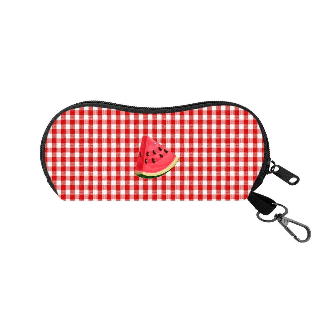 Portable Felt Sunglasses Pouch Soft Shockproof Zipper Eyeglass Case with Metal Clip Check Pattern Printed Eyewear Storage Bag