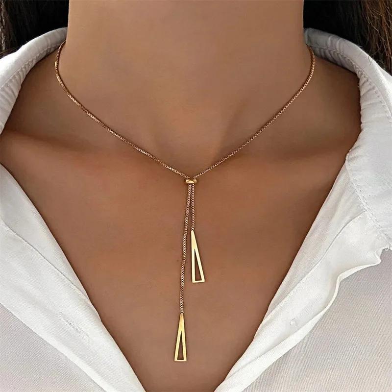 Metal Style Silver Color Triangle Pendant Necklace Fashionable Simple Charm Y Lariat Necklaces for Women Boho Minimalist