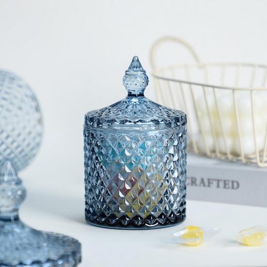 Sizikato Diamantfasetterad Kristallglas Godisskål med Lock, Blå Dekorativ Burk, Smyckeskrin, Bomullspinnshållare.