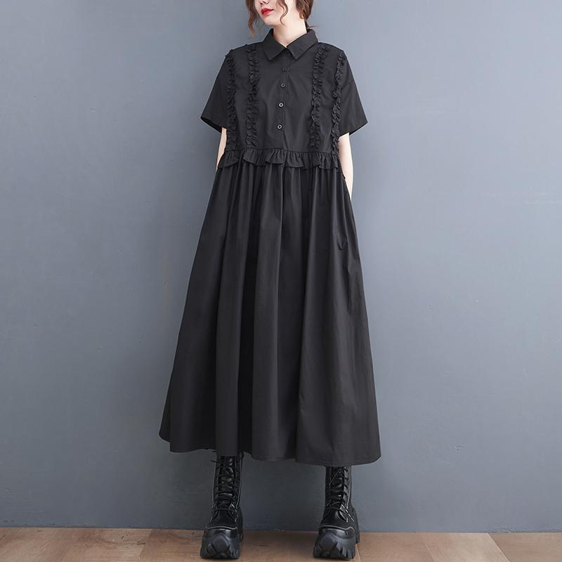 

Хлопковые винтажные новые платья больших размеров с короткими рукавами для женщин, повседневное свободное длинное летнее платье-рубашка чёрный