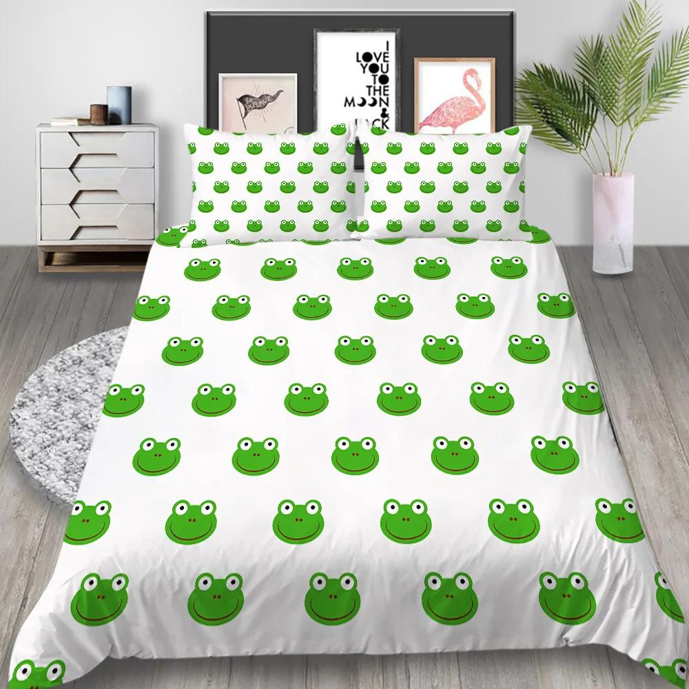 Cartoon Frog Duvet Cover Set King/Queen Size Reptile Animal Theme Bedding Set Cute Green Frog Polyester Comforter Cover for Kids