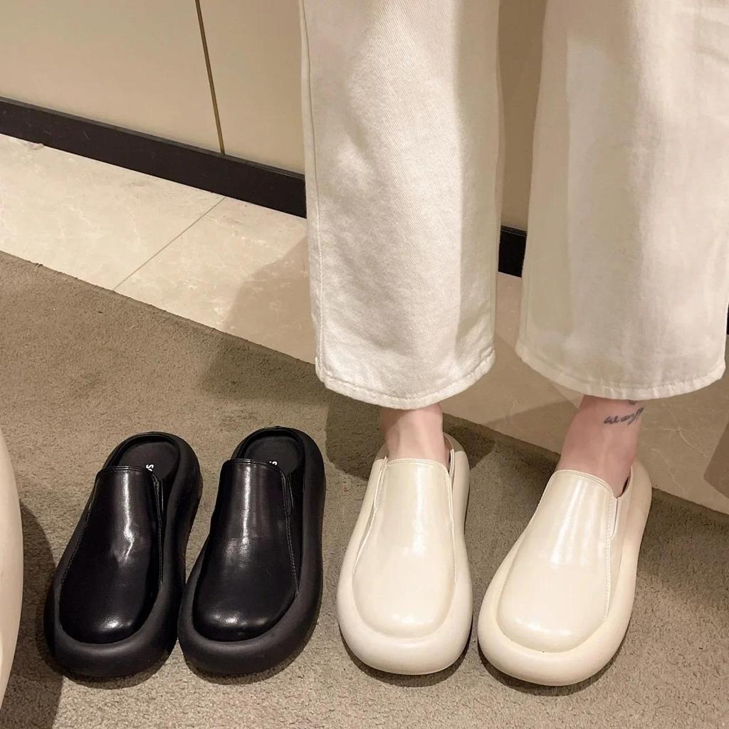 Damskie oryginalne skórzane grube podeszwy kapcie damskie Retro szpilki muły drewniaki platformy buty matka sandały Zapatos De Mujer