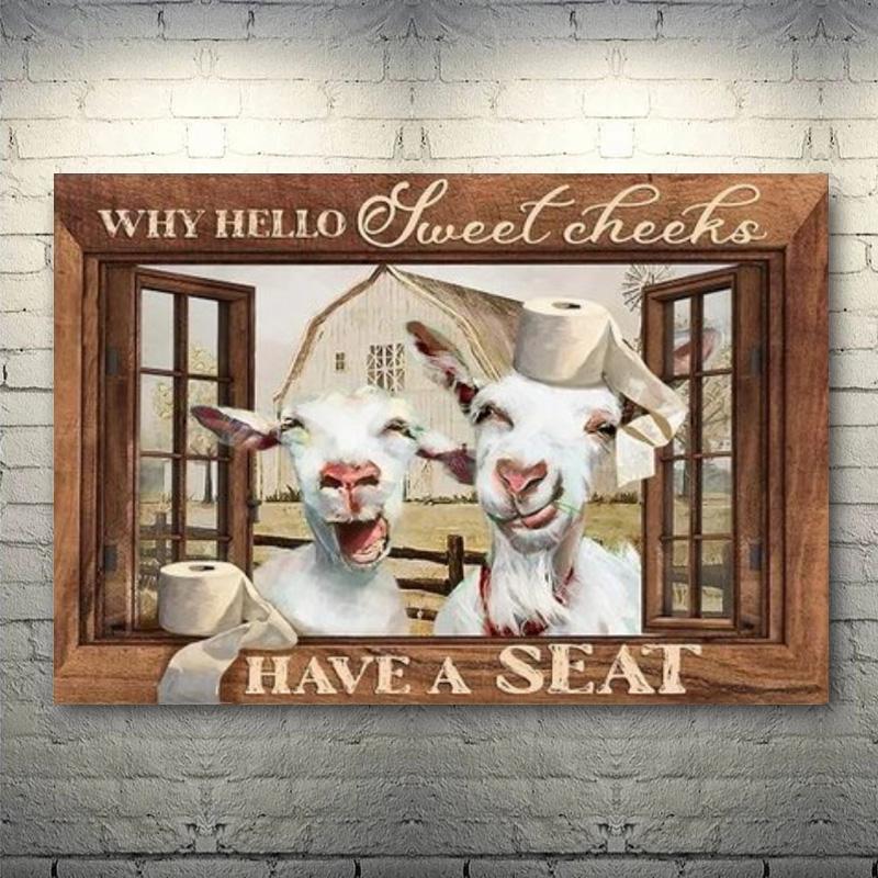 "Have a seat" Cows By The Window Poster Vintage Animals Cow Donkey Canvas Painting Farmhouse Wall Art Pictures Farm Home Decor