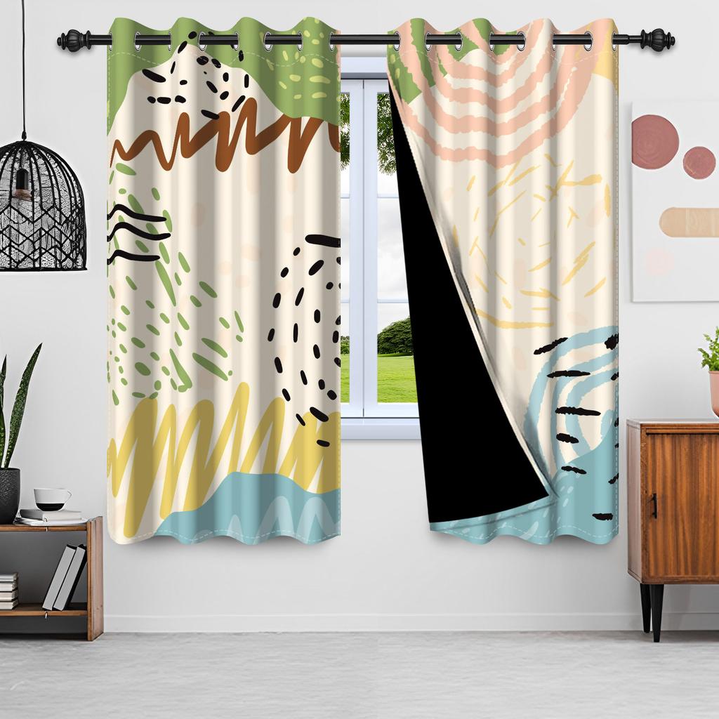 2pcs Nordic Style Blackout Curtains Green Leaves Moon Window Curtains Sun Simple Minimalism Nordic Lines Home Interior Curtains