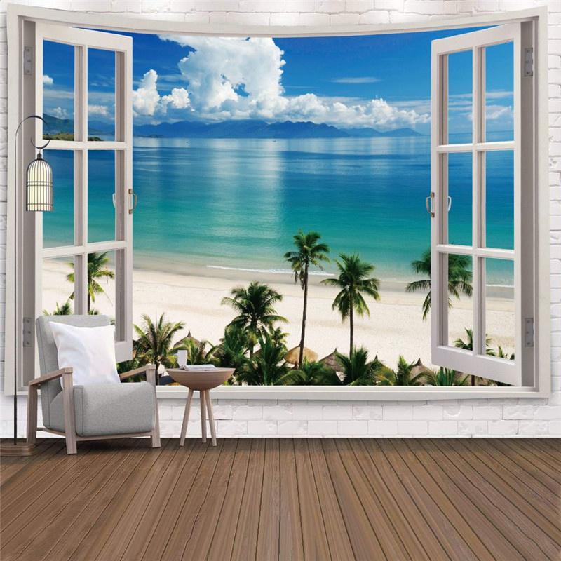 Arazzo Paesaggio Finestra Imitazione Appeso a Parete Arazzi Albero Tropicale Arte Decorazione Casa Mare Alba Stanza