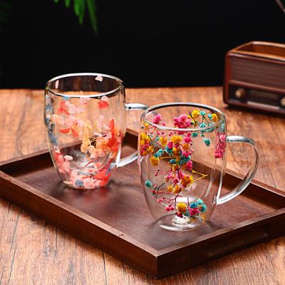 Internet Celebrity Real Flower Dried Flower Double-layer Glass Cup Heat-resistant and High Aesthetic Value Flowing Sand Starry Sky Milk Coffee Cup Mug
