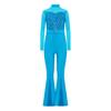 Girls Jazz Dance Costume Mock Neck Long Sleeve Cutout Back Sheer Mesh Sequins Bell Bottom Jumpsuit