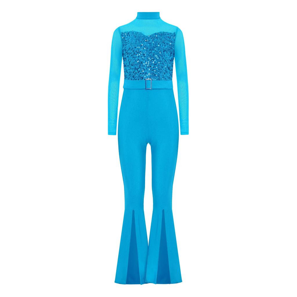 Girls Jazz Dance Costume Mock Neck Long Sleeve Cutout Back Sheer Mesh Sequins Bell Bottom Jumpsuit