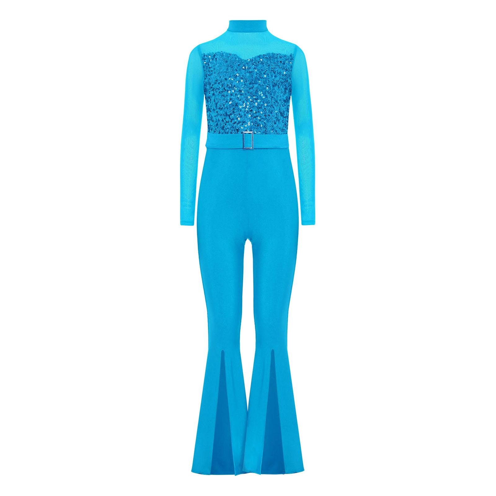 

Костюм для джазового танцю для дівчаток з імітацією горловини, довгим рукавом, вирізом на спині, потайною блискавкою, прозорою сіткою, паєтками на ліфі та комбінезоном-кльош. 15-16 Years світло-синій колір
