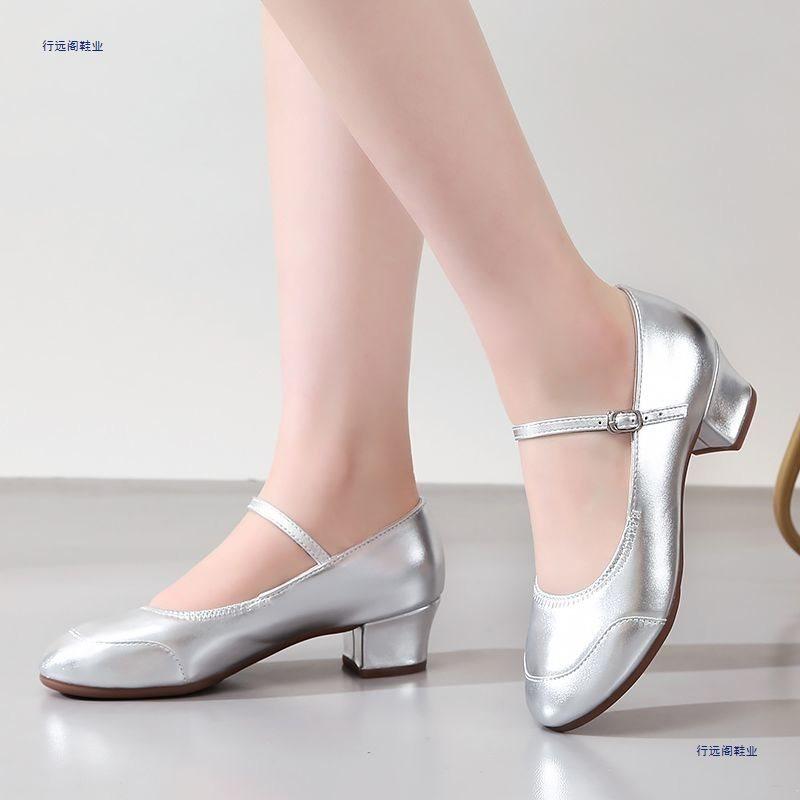 Medium heel dance shoes women's four-season adult red dance shoes silver soft-soled performance square dance shoes women's single shoes