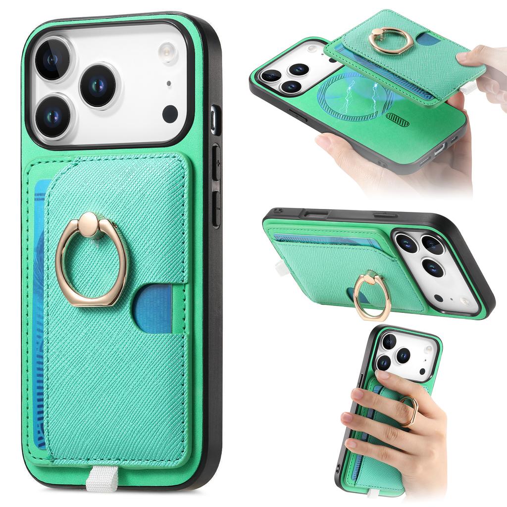 For iPhone 17 Pro Case Ring Kickstand Leather+TPU+PC Phone Cover Detachable Card Holder