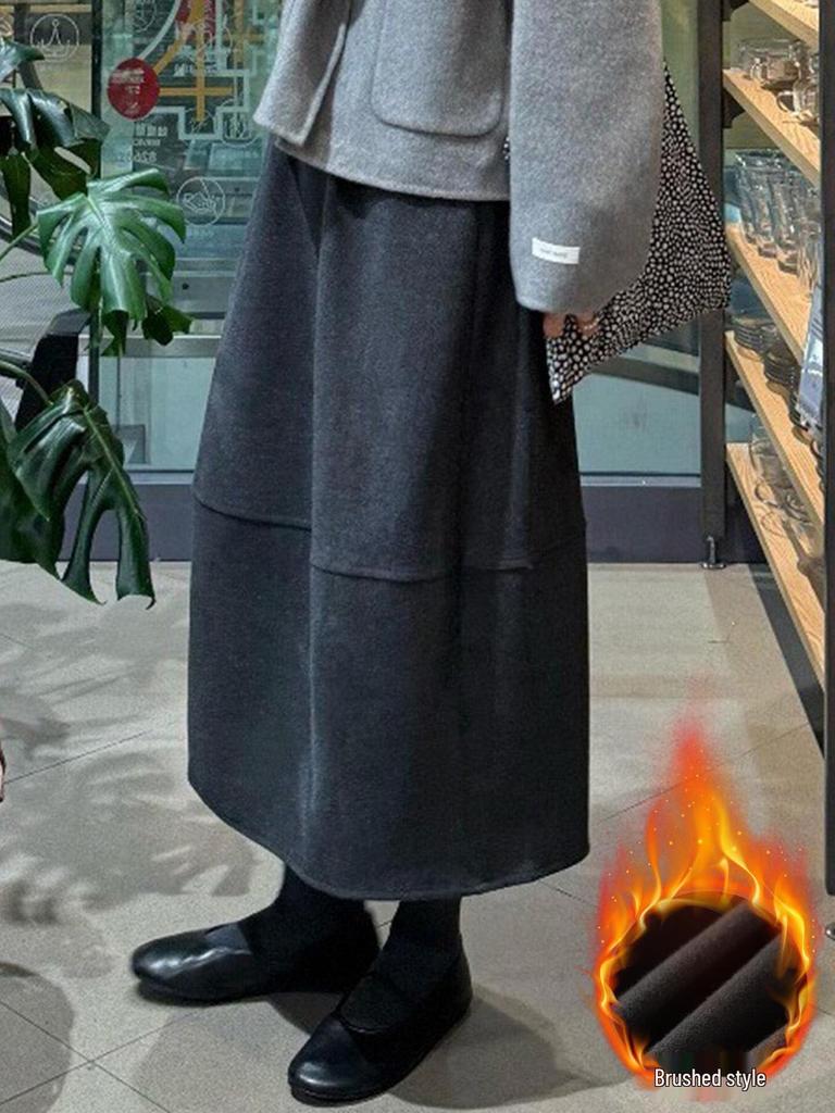 Women's Mid-Length Deep Gray Thickened Woolen Half-Skirt - Elastic Waist, Slimming, Autumn/Winter 2025.