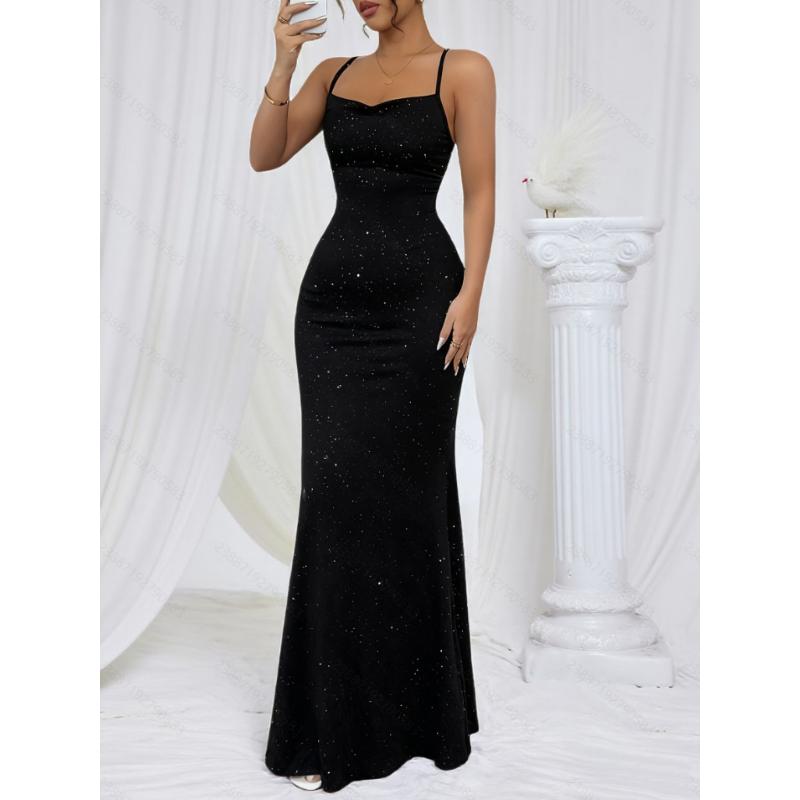 Women's Spaghetti Strap Glitter Bodycon Maxi Dress Straight Neck Mermaid Hem Black Sexy Evening Cocktail Party Banquet Formal Gown