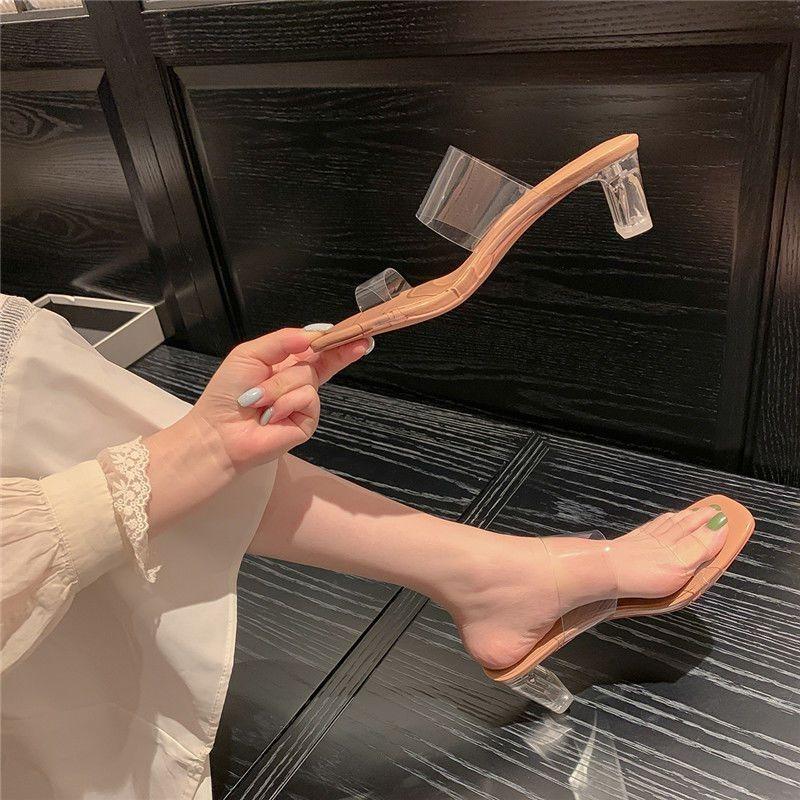Heel height 9 cm New Style Slippers Women's Shoes Thick Heels High Heels Transparent One-line Slippers
