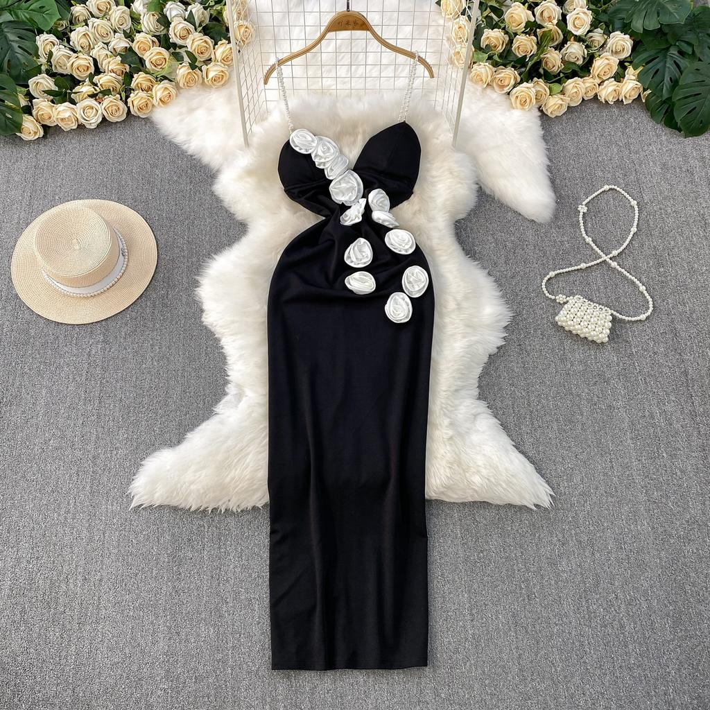 French Temperament Three-dimensional Flower V-tie Chest Pad Dress Women's Summer New Waist and Thin Hip-wrapped Split Dress