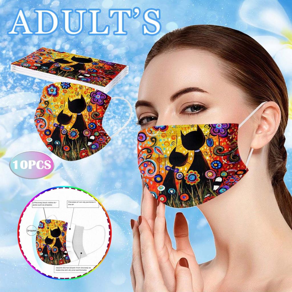 10PC Adult Flowers Cat Cartoons Printing Three-Layer Disposable Protective Mask